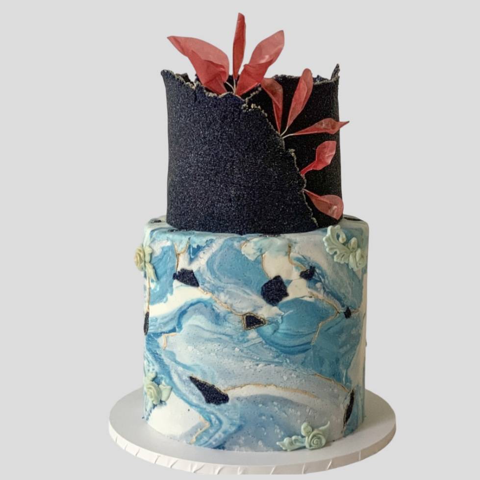 Blue Kintsugi inspired bespoke celebration cake West London