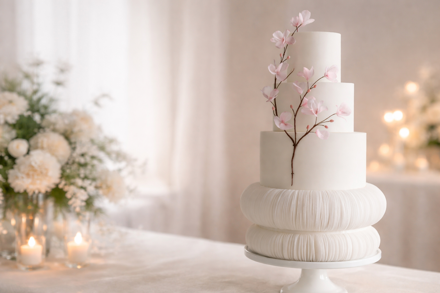 Beautiful bespoke wedding cake with cherry blossom sugar flowers